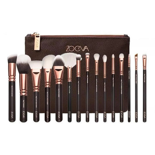 Makeup Brush Set 15 Pcs Travel Clutch Brown Rose Gold