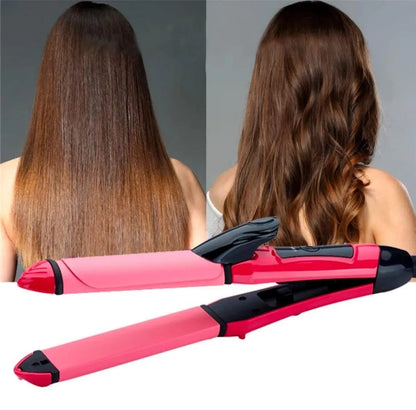 2-in-1 Hair Curler &amp; Straightener Pink Black Ceramic Plates