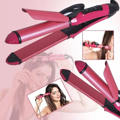 2-in-1 Hair Curler &amp; Straightener Pink Black Ceramic Plates