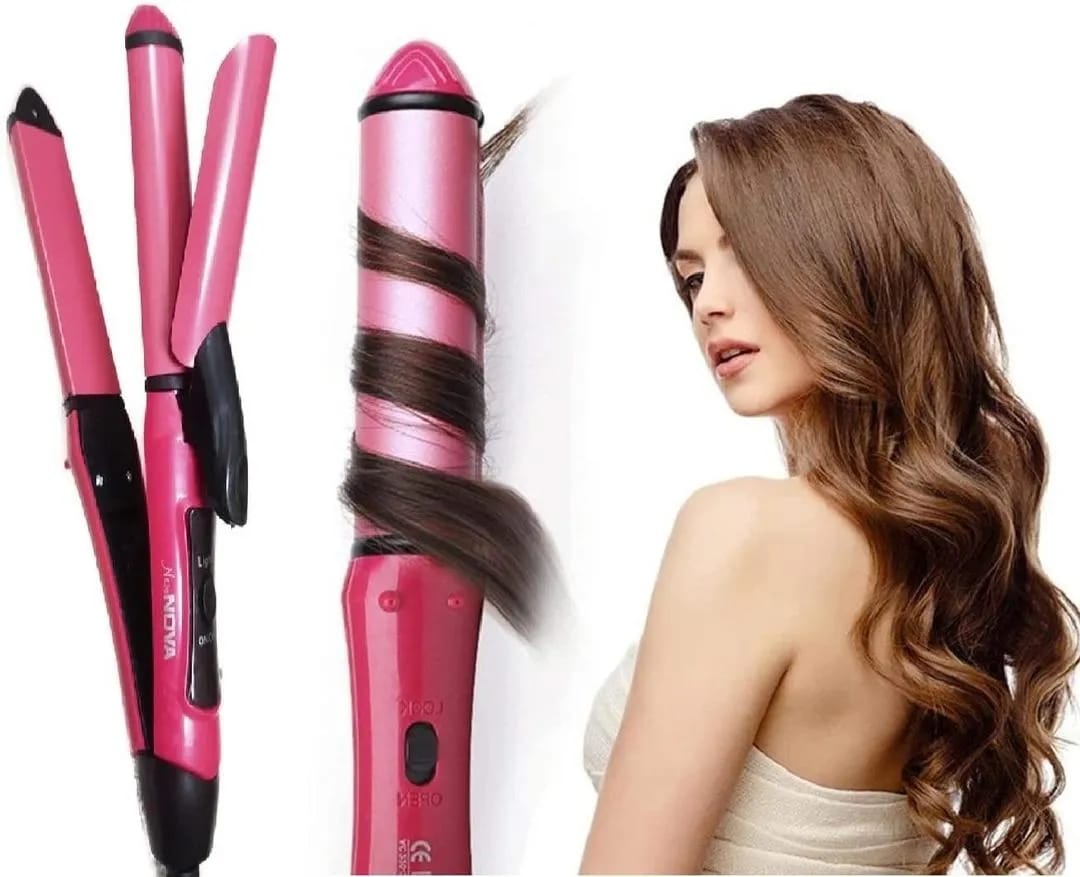 2-in-1 Hair Curler &amp; Straightener Pink Black Ceramic Plates