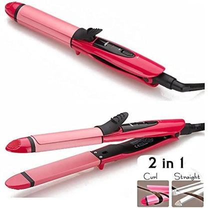 2-in-1 Hair Curler &amp; Straightener Pink Black Ceramic Plates
